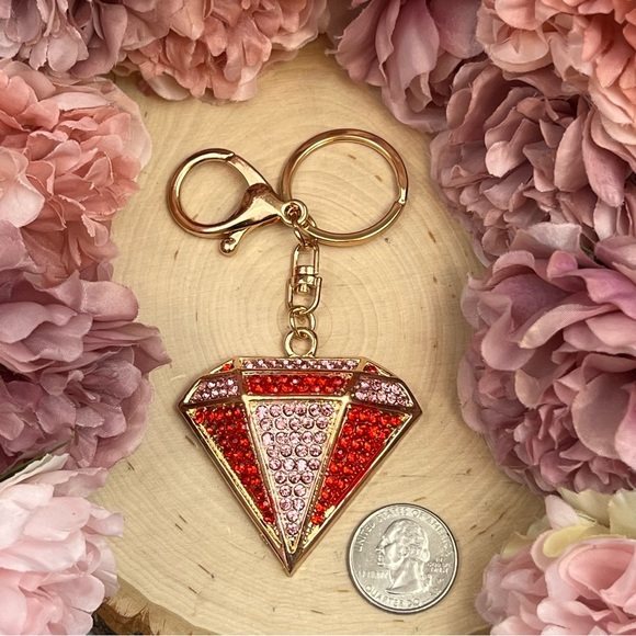 Red and Pink Crystal Gold Accented Diamond Keychain Charm - Picture 12 of 14